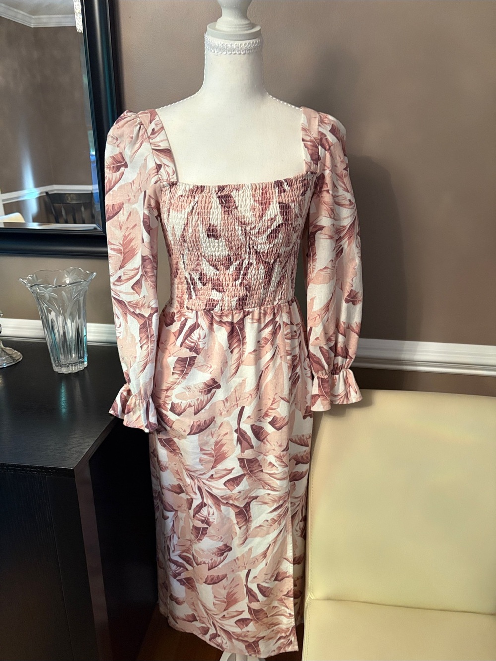 House of Harlow 1960 Blush and Cream Smocked Midi Dress